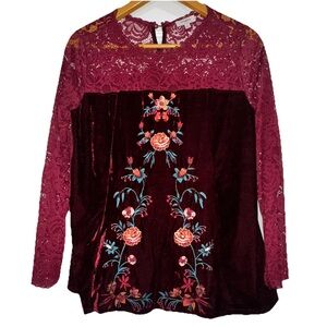 Umgee M Velour Lace Floral Embroidered Blouse Bohemian Whimsigoth Elegant Artsy